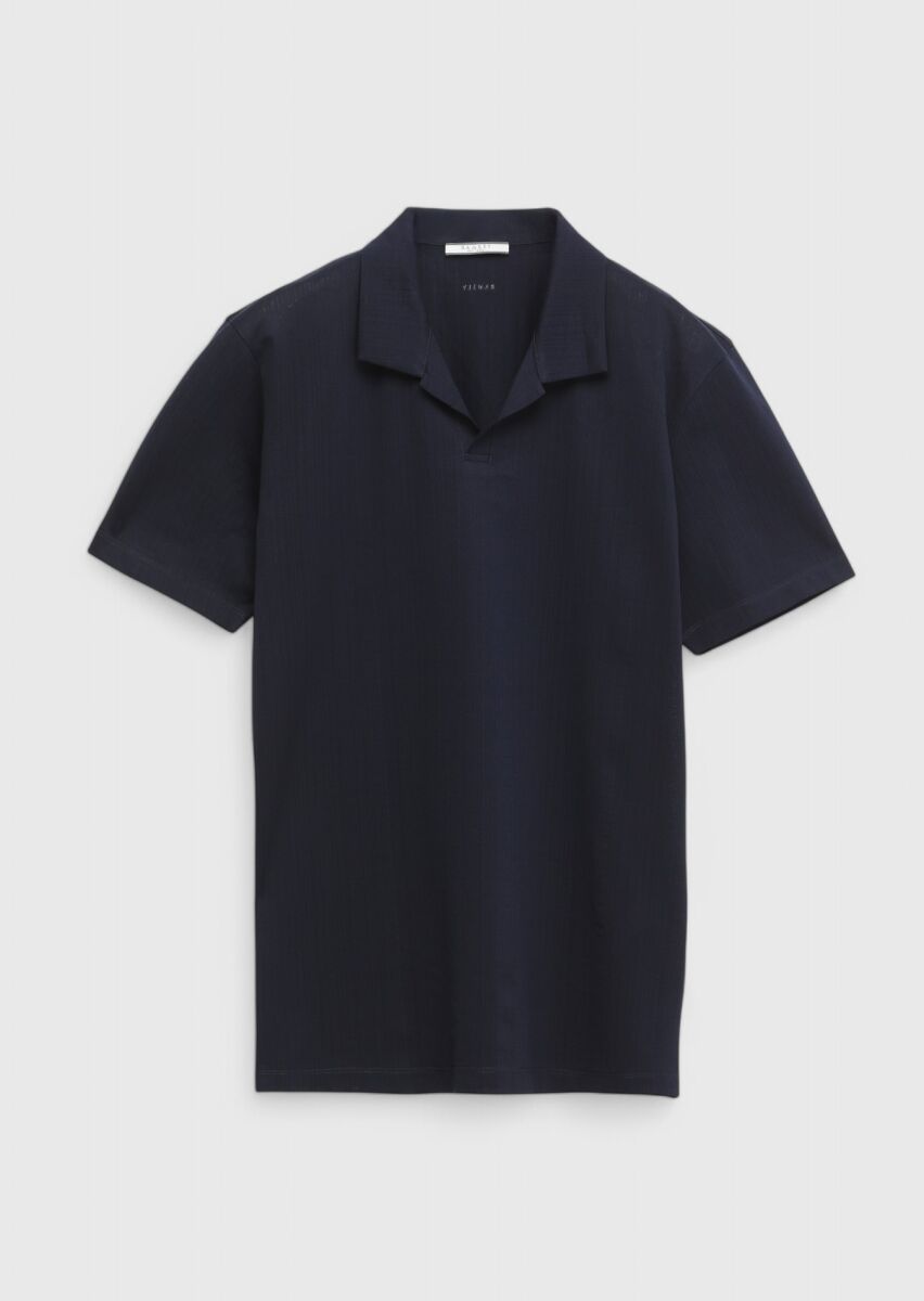 Lacivert Jakarlı Polo Yaka %100 Pamuk T-Shirt - 1