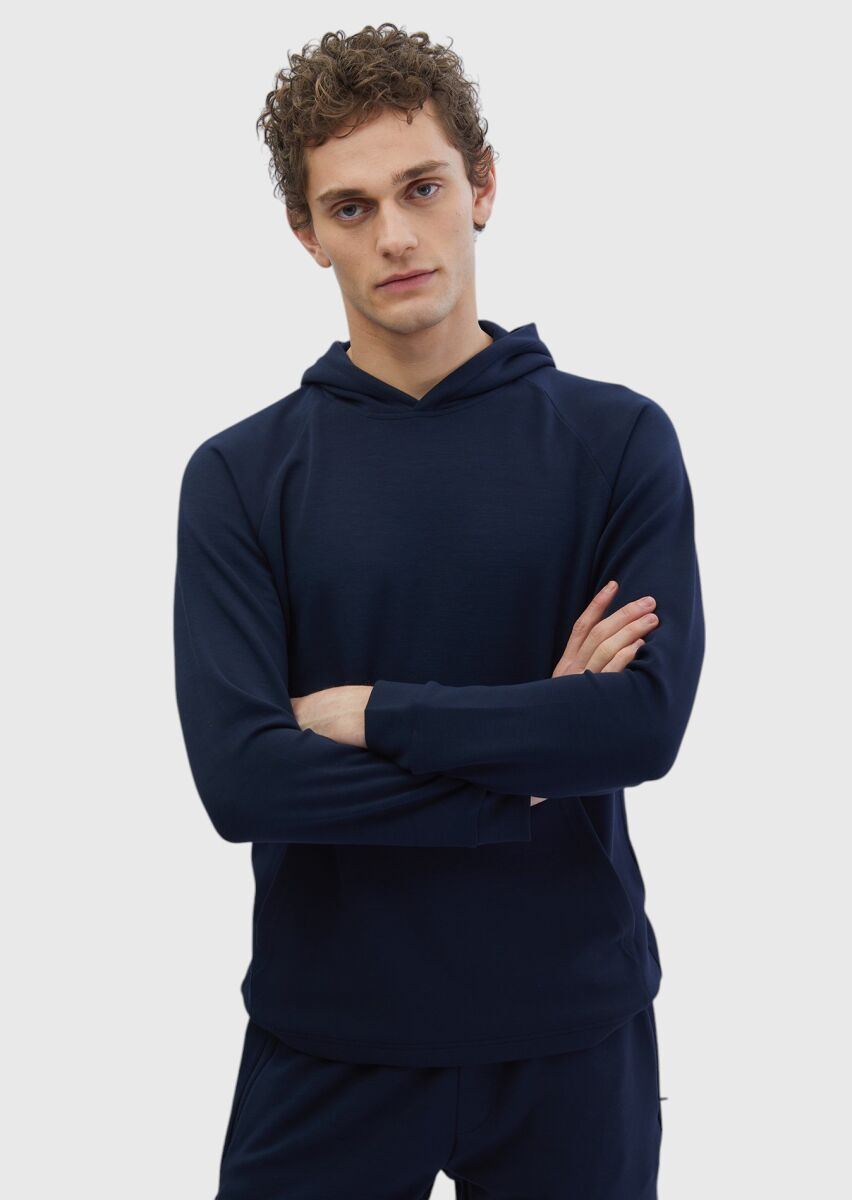 Lacivert Kapüşonlu Düz Sweatshırt - 1
