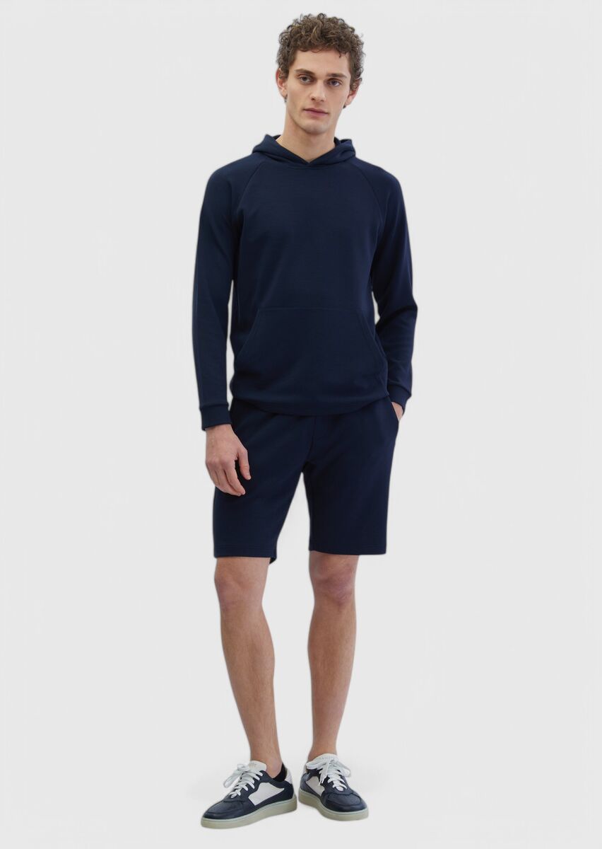 Lacivert Kapüşonlu Düz Sweatshırt - 2