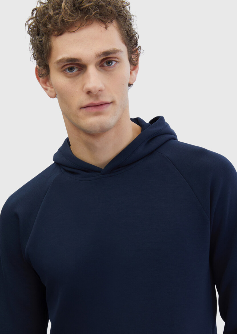 Lacivert Kapüşonlu Düz Sweatshırt - 3