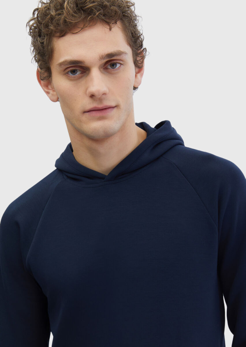 Lacivert Kapüşonlu Düz Sweatshırt - 3