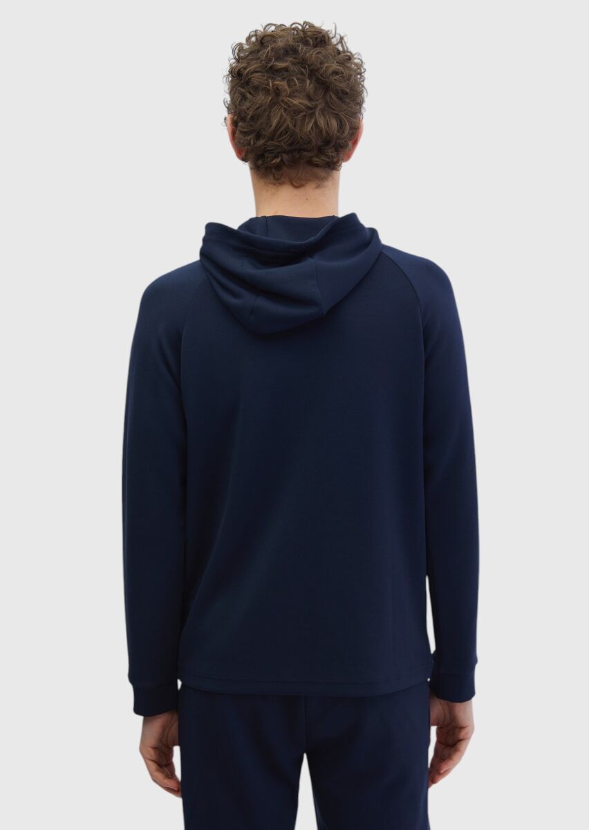 Lacivert Kapüşonlu Düz Sweatshırt - 5