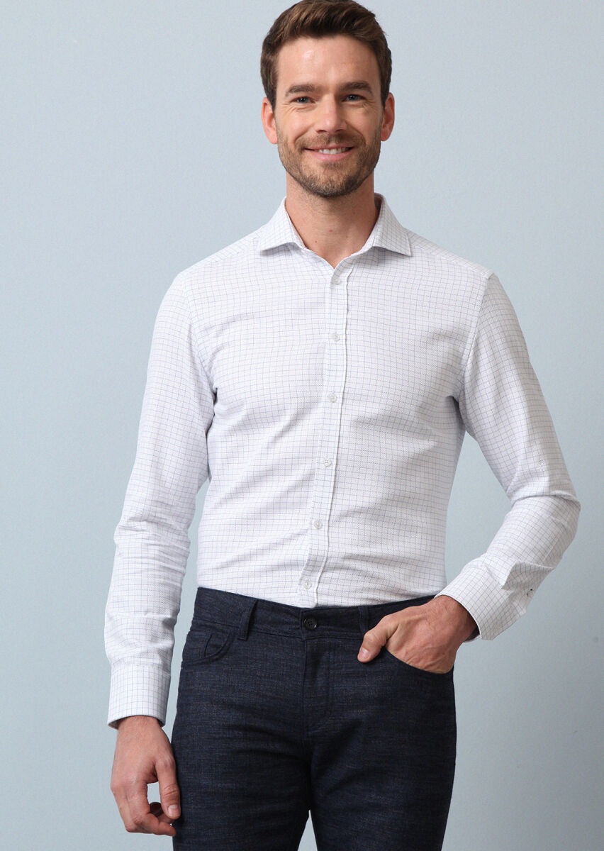 Lacivert Kareli Slim Fit Dokuma Klasik %100 Pamuk Gömlek - 1