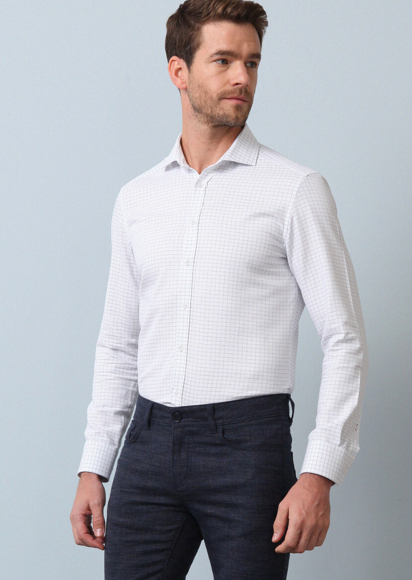 Lacivert Kareli Slim Fit Dokuma Klasik %100 Pamuk Gömlek - 2