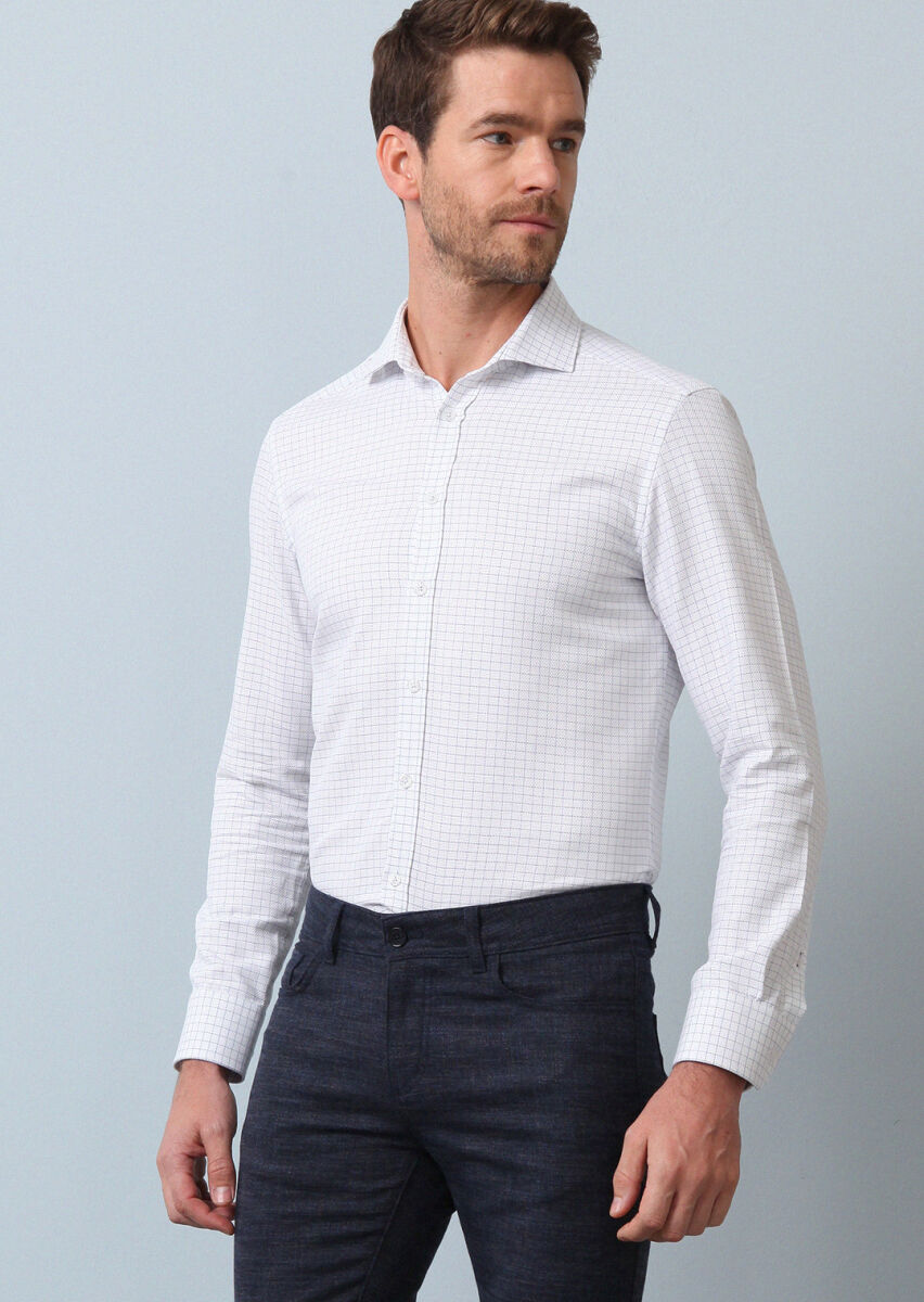 Lacivert Kareli Slim Fit Dokuma Klasik %100 Pamuk Gömlek - 2