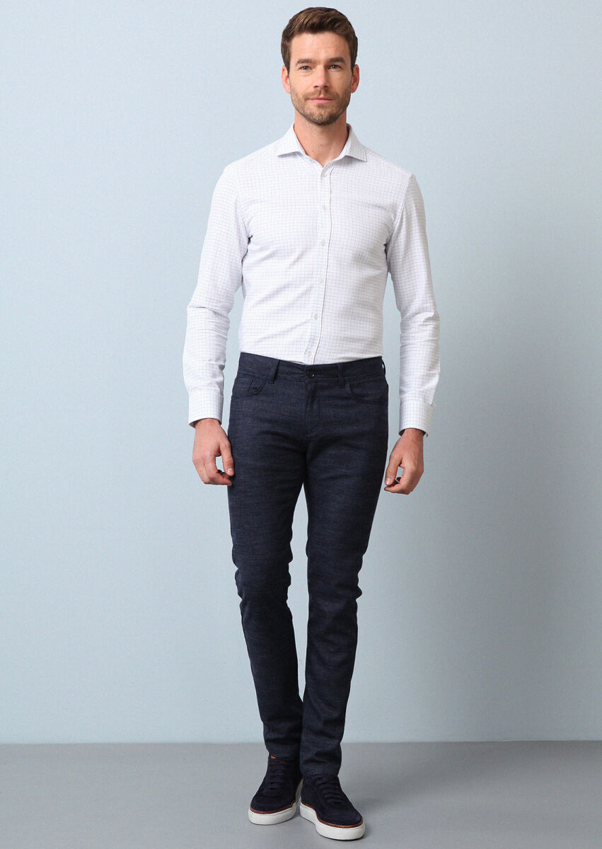 Lacivert Kareli Slim Fit Dokuma Klasik %100 Pamuk Gömlek - 3