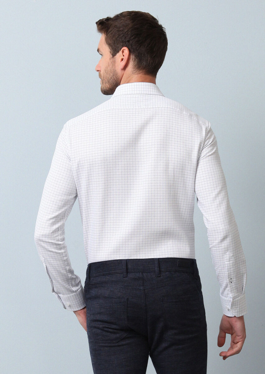 Lacivert Kareli Slim Fit Dokuma Klasik %100 Pamuk Gömlek - 5