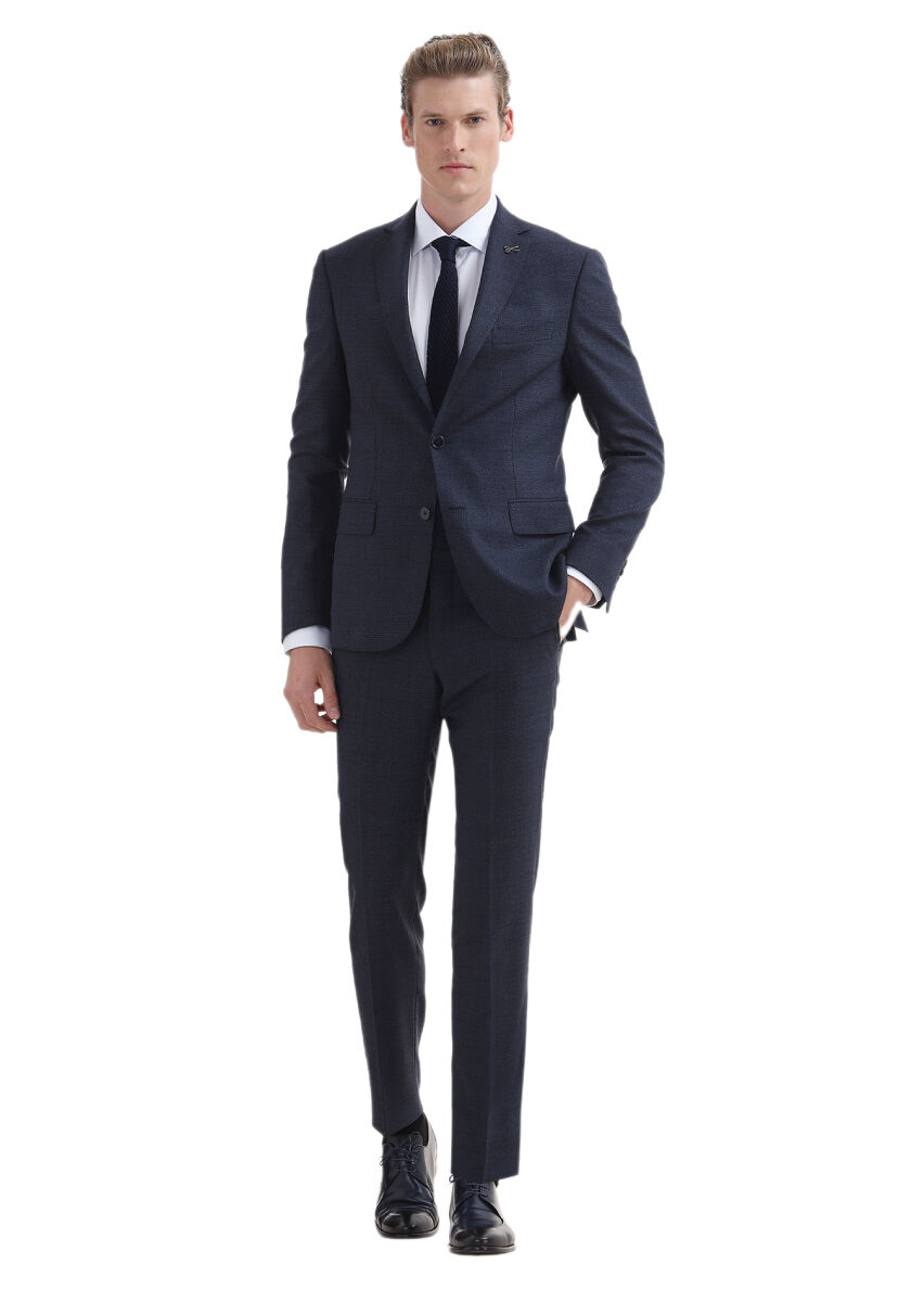 Lacivert Kareli Zeroweight Slim Fit %100 Yün Takım Elbise - 1