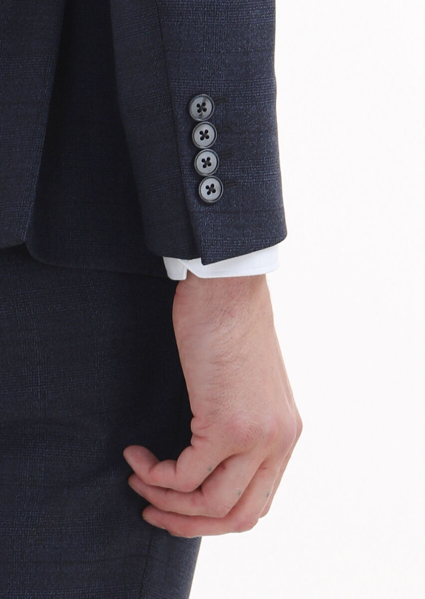 Lacivert Kareli Zeroweight Slim Fit %100 Yün Takım Elbise - 4