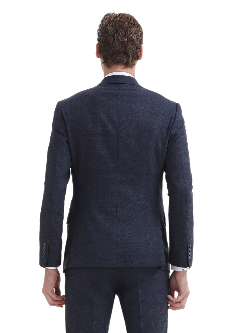 Lacivert Kareli Zeroweight Slim Fit %100 Yün Takım Elbise - 5