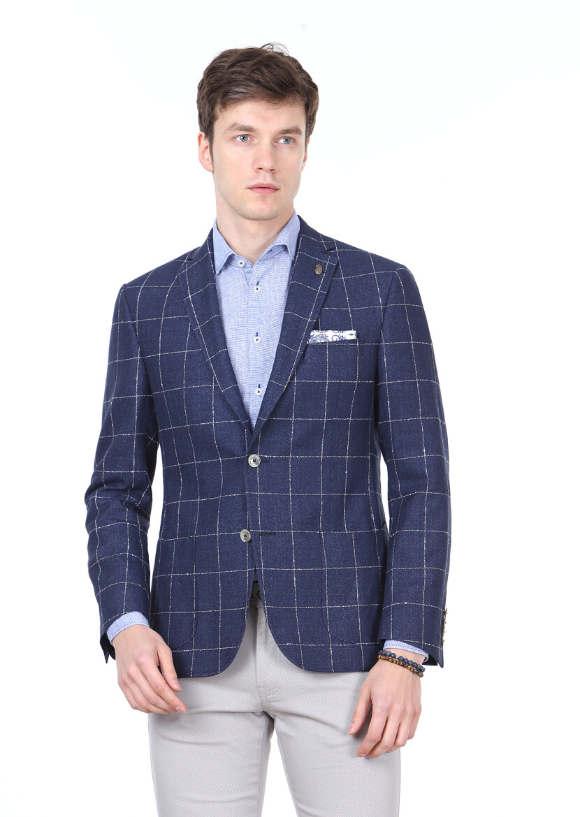 Lacivert Kareli Zeroweight Slim Fit Pamuk Karışımlı Ceket - 1