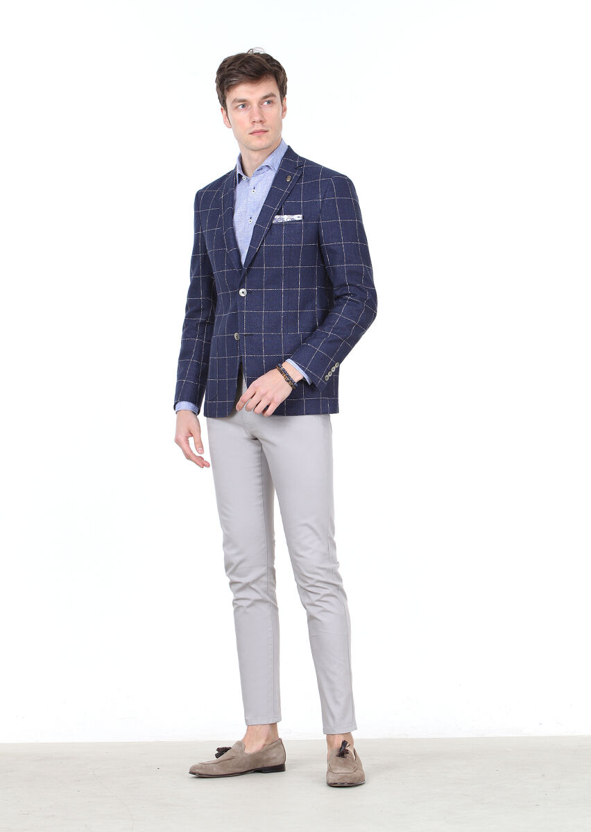 Lacivert Kareli Zeroweight Slim Fit Pamuk Karışımlı Ceket - 2