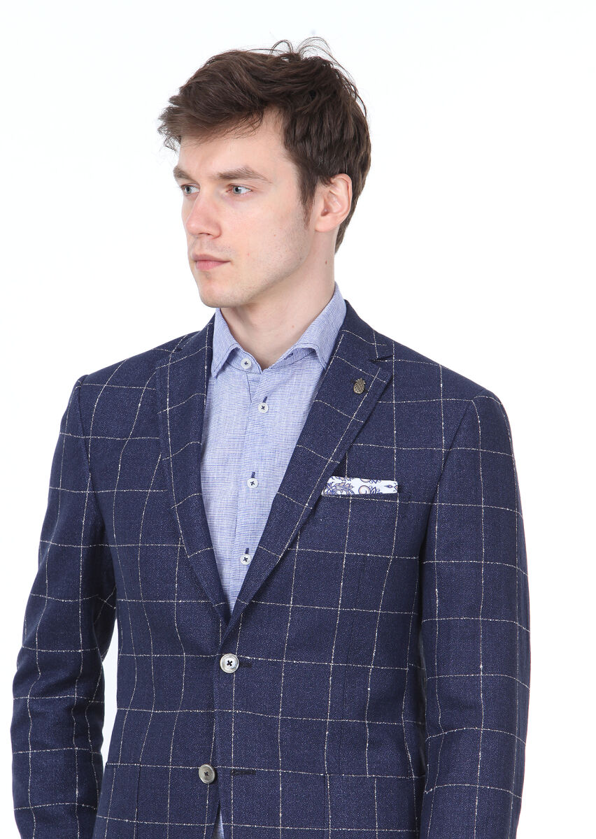 Lacivert Kareli Zeroweight Slim Fit Pamuk Karışımlı Ceket - 3
