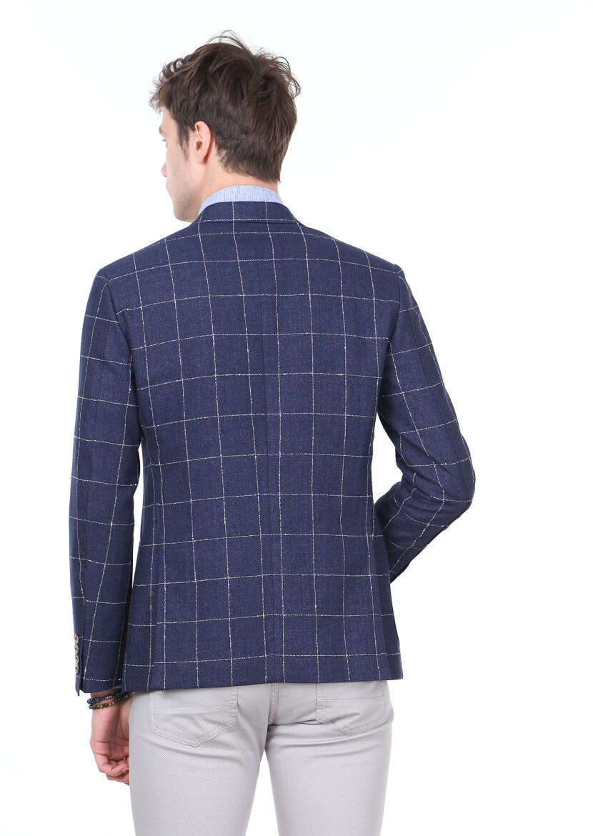 Lacivert Kareli Zeroweight Slim Fit Pamuk Karışımlı Ceket - 4