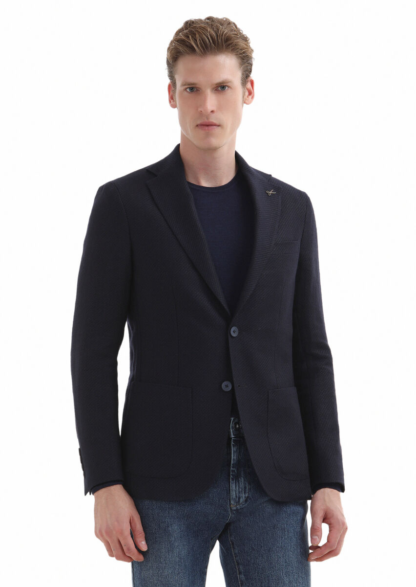 Lacivert Mikro Comfort Fit Yün Karışımlı Ceket - 2
