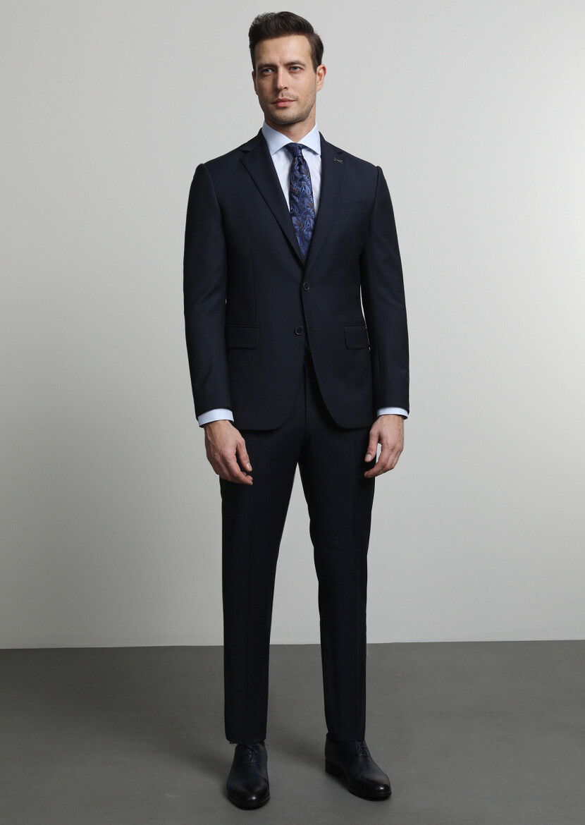 Lacivert Mikro Modern Fit Yün Karışımlı Takım Elbise - 1