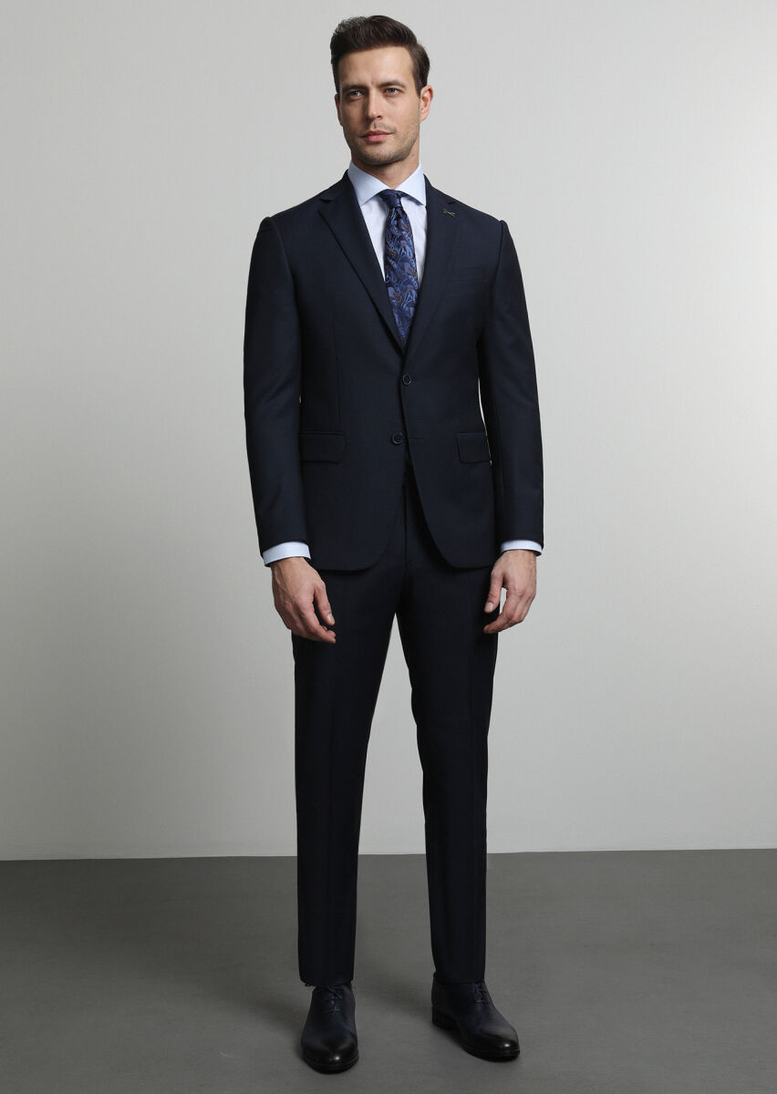 Lacivert Mikro Modern Fit Yün Karışımlı Takım Elbise - 1