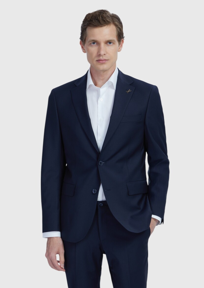 Lacivert Mikro Modern Fit Yün Karışımlı Takım Elbise - 1