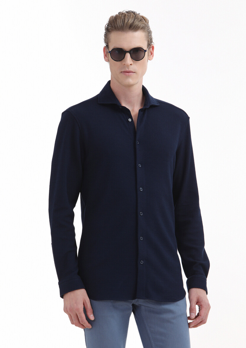 Lacivert Mikro Regular Fit Casual %100 Pamuk Gömlek 