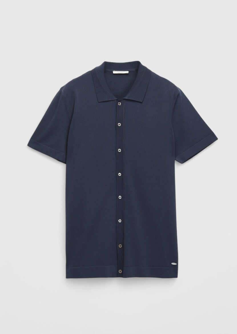 Lacivert Polo Yaka Düz Örgü Hırka - 6