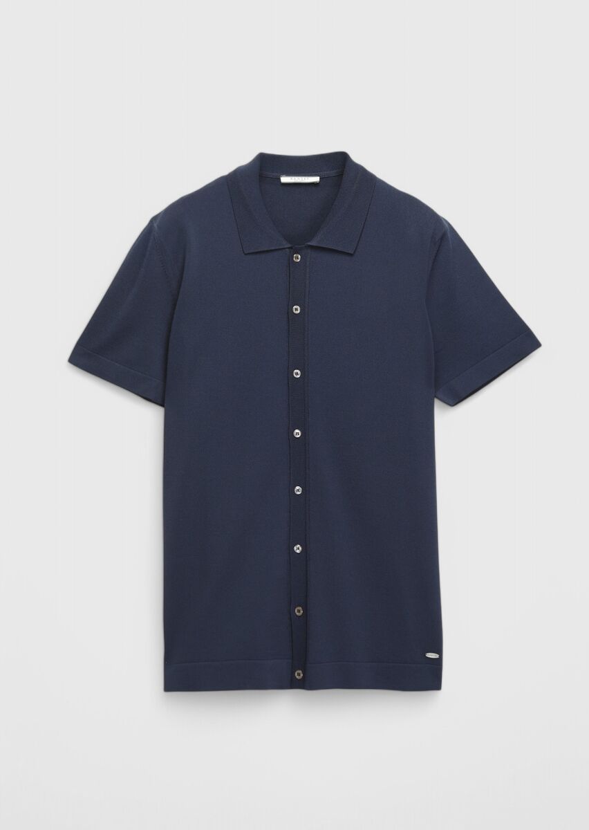 Lacivert Polo Yaka Düz Örgü Hırka - 6