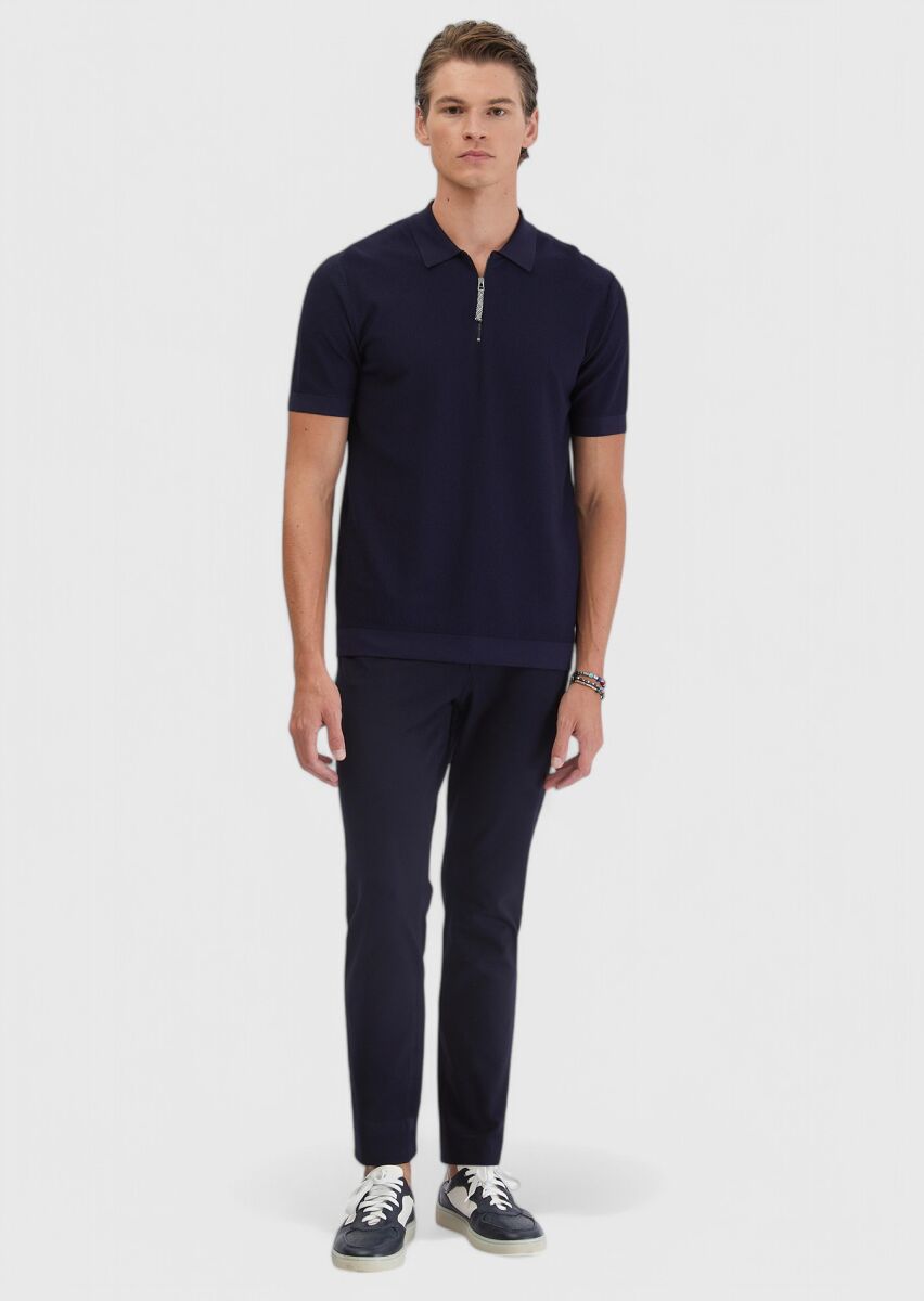 Lacivert Polo Yaka Jakarlı Triko - 2