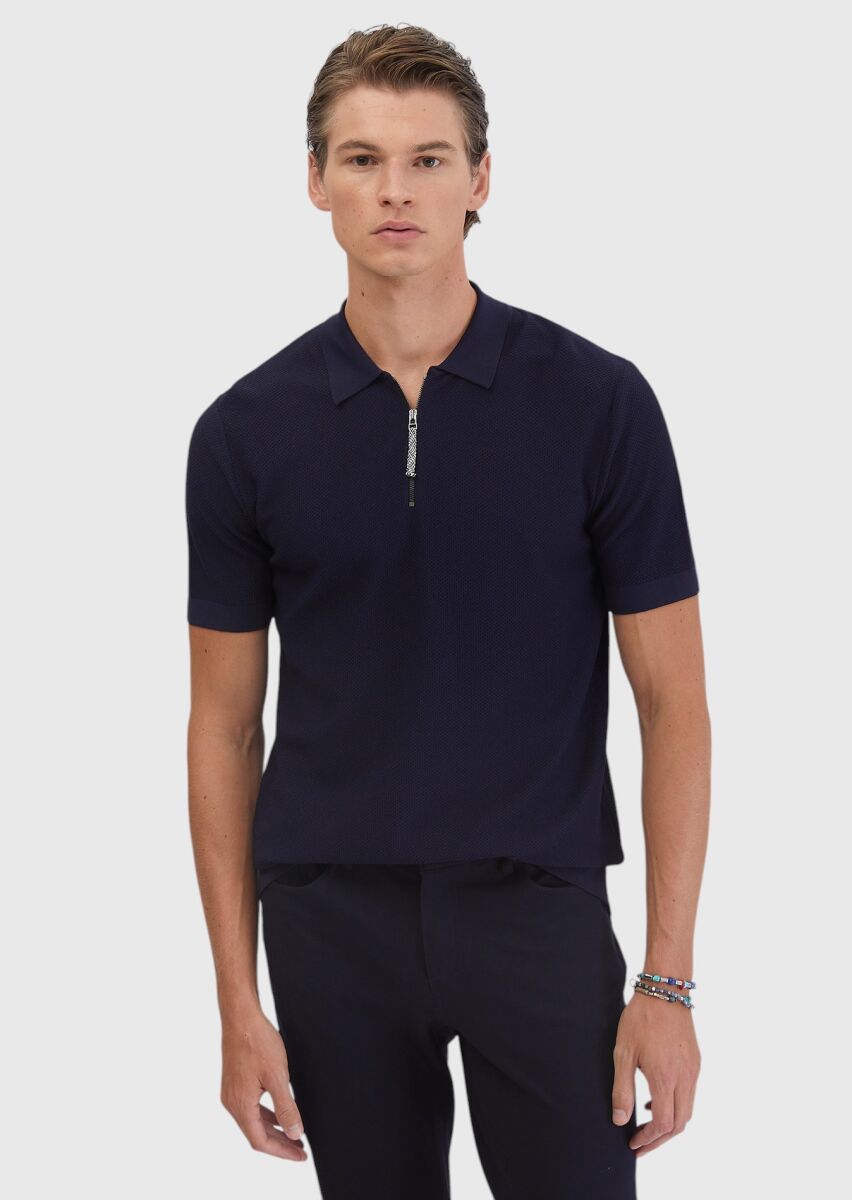 Lacivert Polo Yaka Jakarlı Triko - 3