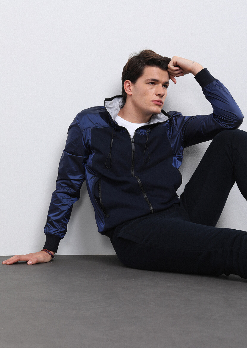 Lacivert Regular Fit Dik Yaka Casual Dokuma Mont 