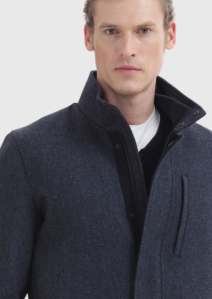 Lacivert Regular Fit Dik Yaka Casual Dokuma Mont - 4