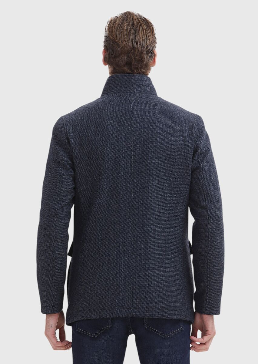 Lacivert Regular Fit Dik Yaka Casual Dokuma Mont - 5