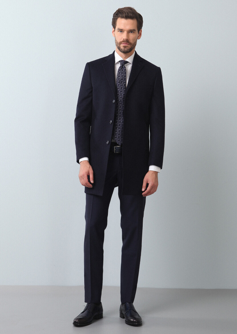 Lacivert Regular Fit Kelebek Yaka Klasik Dokuma Palto - RAMSEY