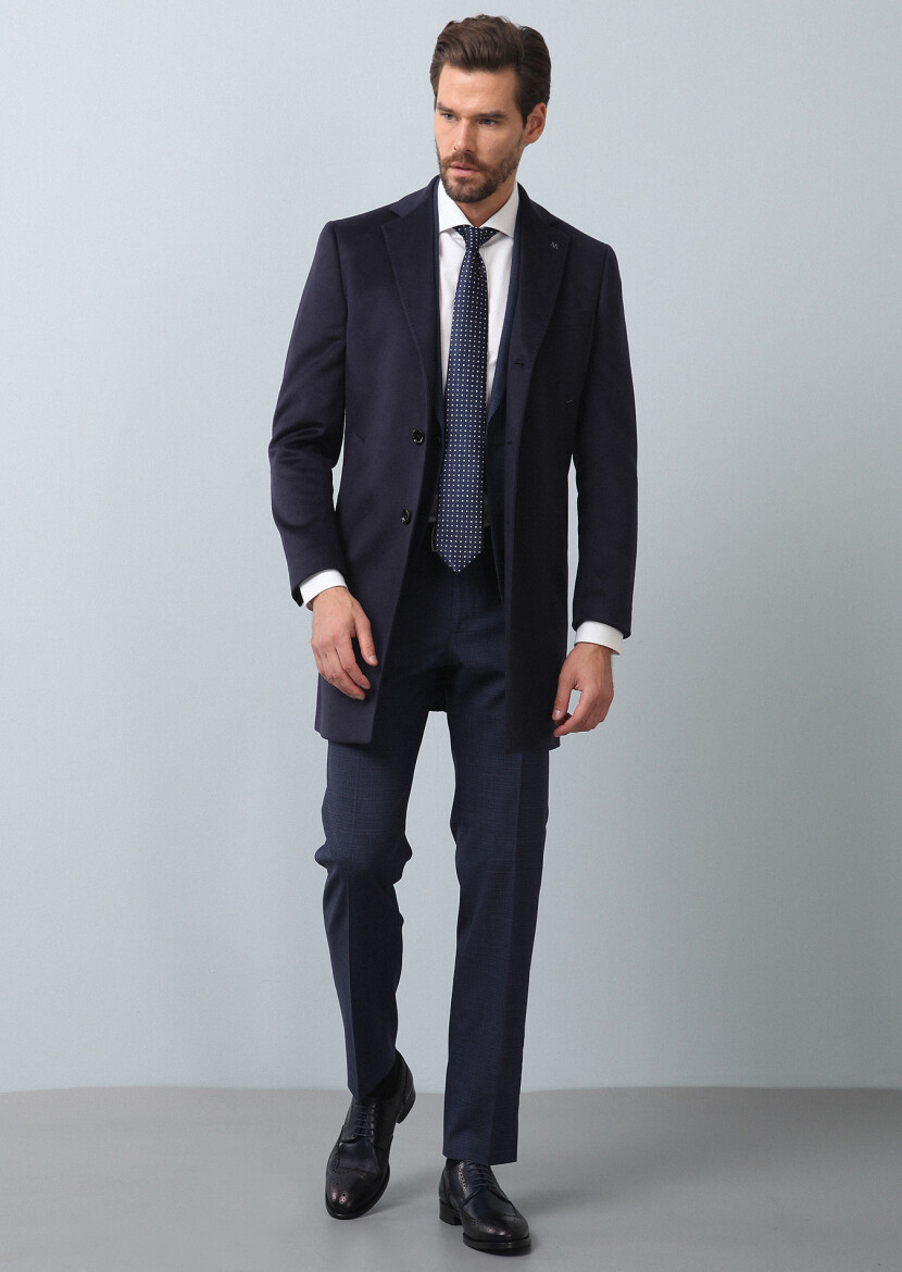 Lacivert Regular Fit Kelebek Yaka Klasik Dokuma Palto - 1