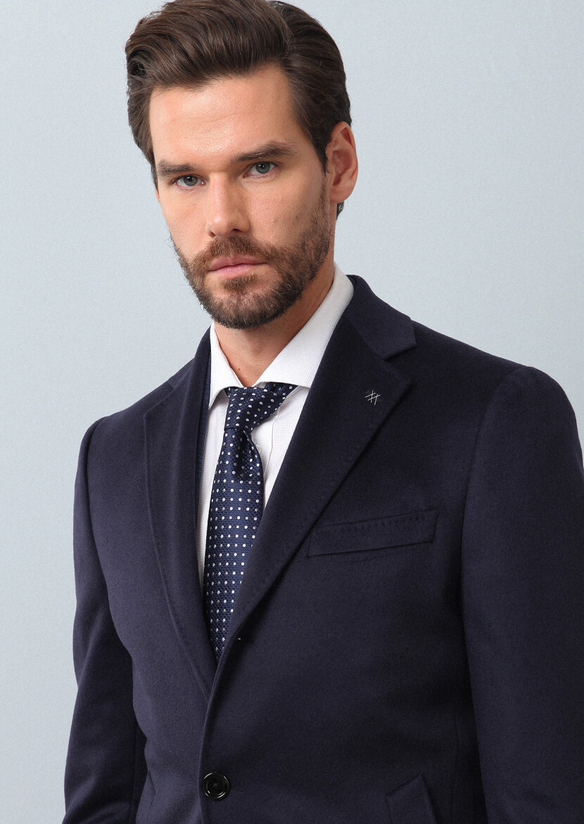 Lacivert Regular Fit Kelebek Yaka Klasik Dokuma Palto - 3