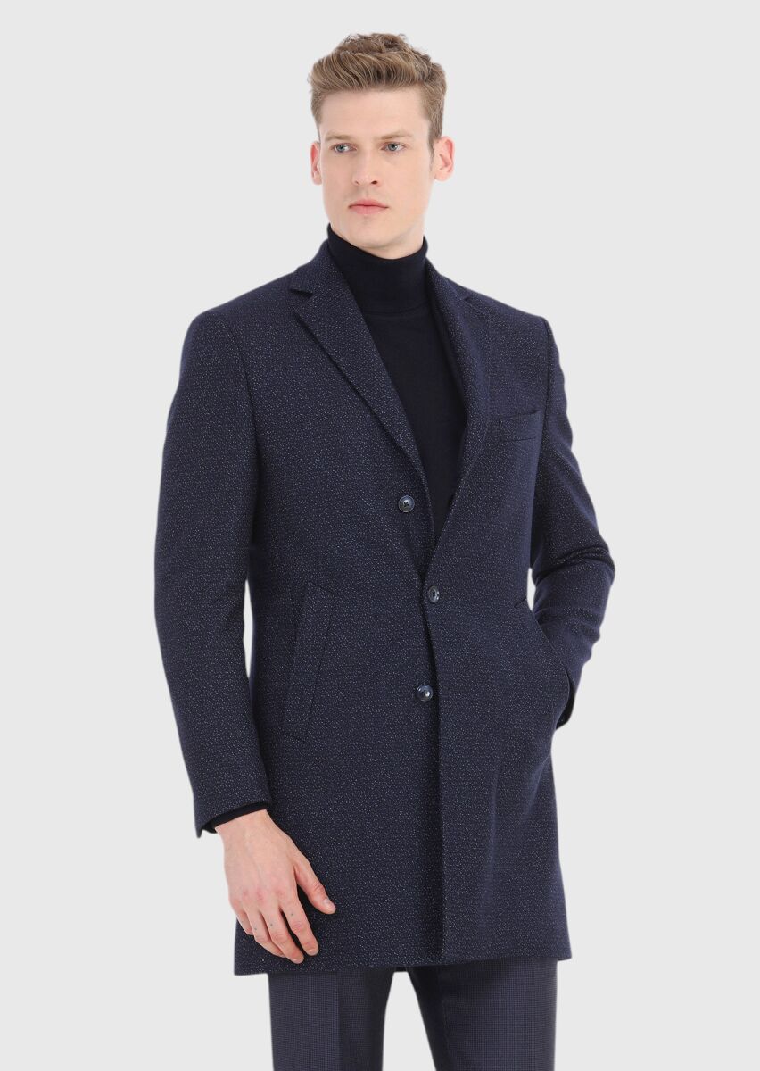 Lacivert Regular Fit Kelebek Yaka Klasik Dokuma Palto - 2
