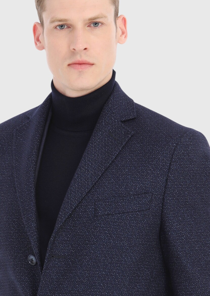 Lacivert Regular Fit Kelebek Yaka Klasik Dokuma Palto - 3