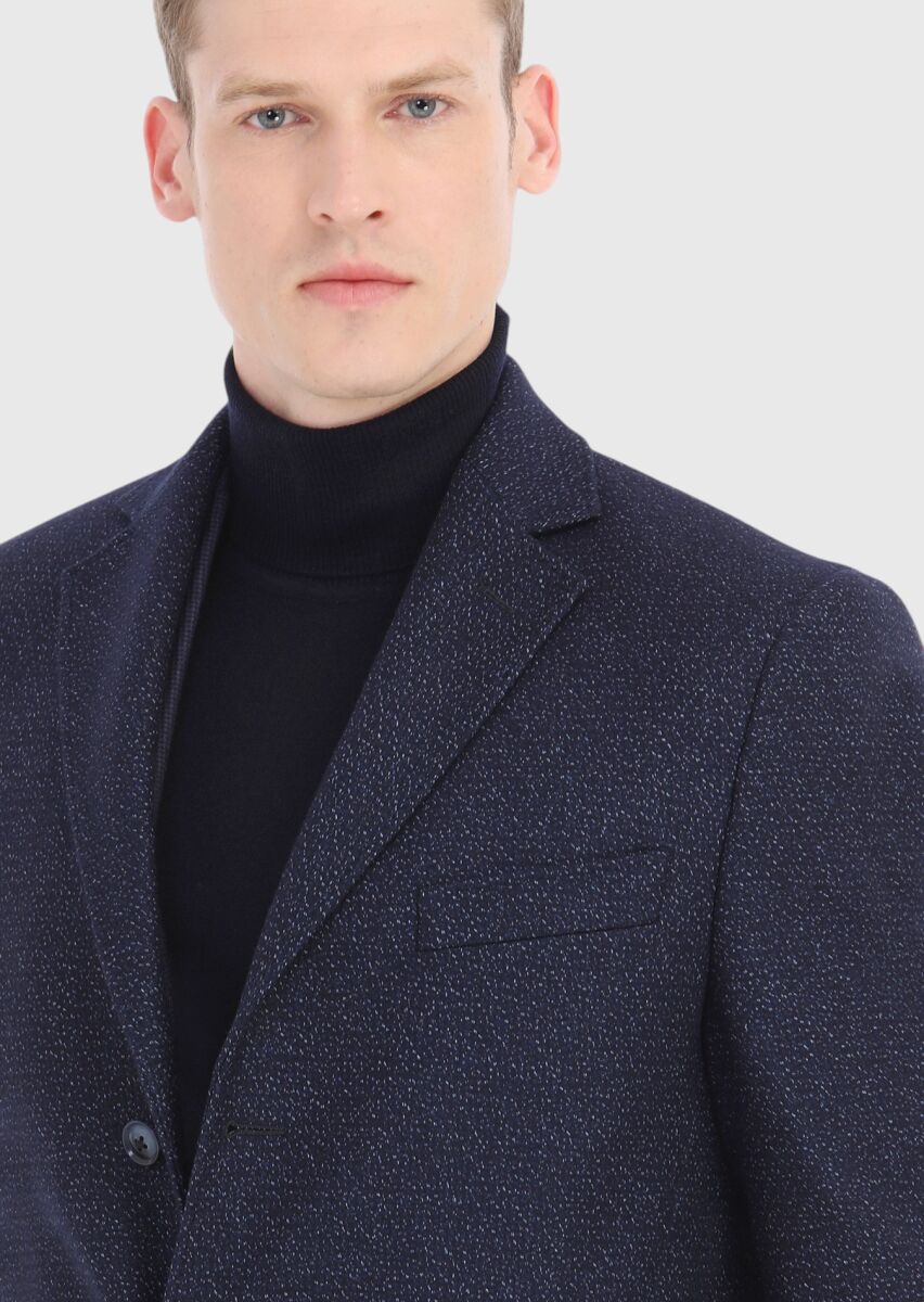 Lacivert Regular Fit Kelebek Yaka Klasik Dokuma Palto - 3