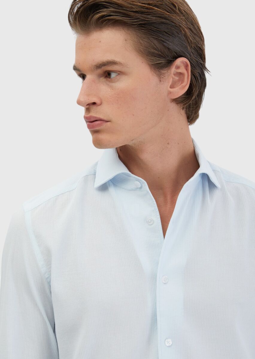 Light Blue Plain Casual Fit Weaving Casual 100% Cotton Shirt - 4