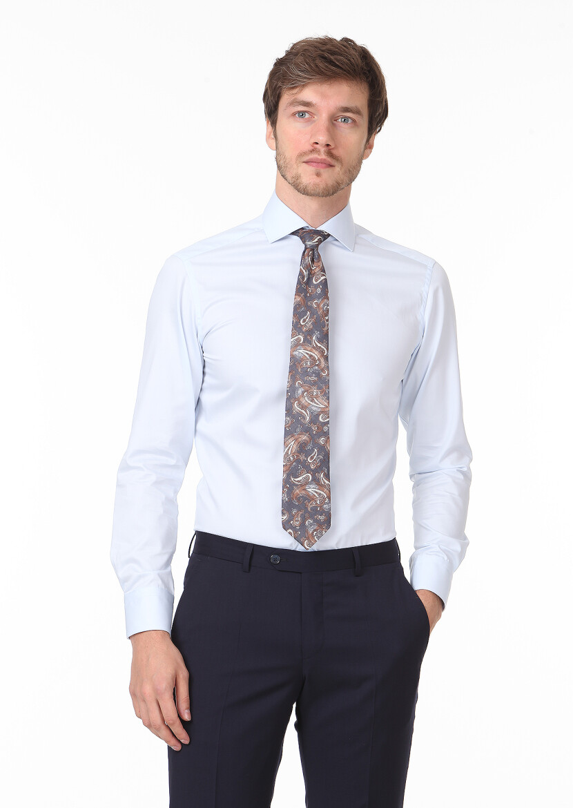 Light Blue Plain Slim Fit Weaving Classical 100% Cotton Shirt - RAMSEY