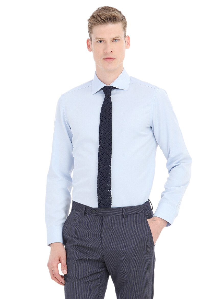 Light Blue Plain Slim Fit Weaving Classical Cotton Blended Shirt 