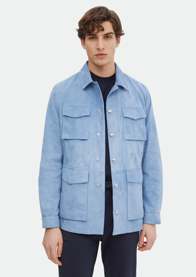 Light Blue Regular Fit Shirt Collar Casual Suede Leather Coat - RAMSEY