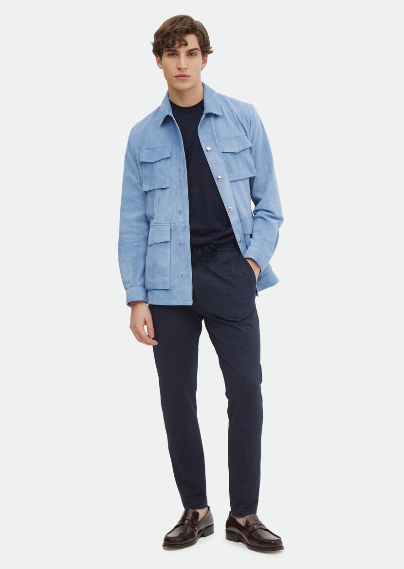 Light Blue Regular Fit Shirt Collar Casual Suede Leather Coat - RAMSEY