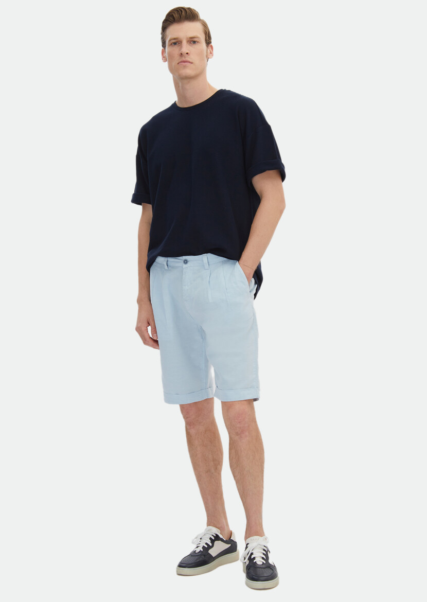 Light Blue Weaving Carrot Fit Casual 100% Cotton Bermuda - RAMSEY