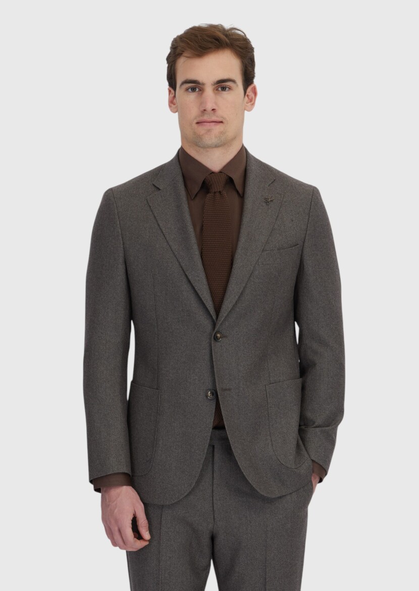 Light Brown Patterned Zeroweight Slim Fit 100% Wool Suit - RAMSEY