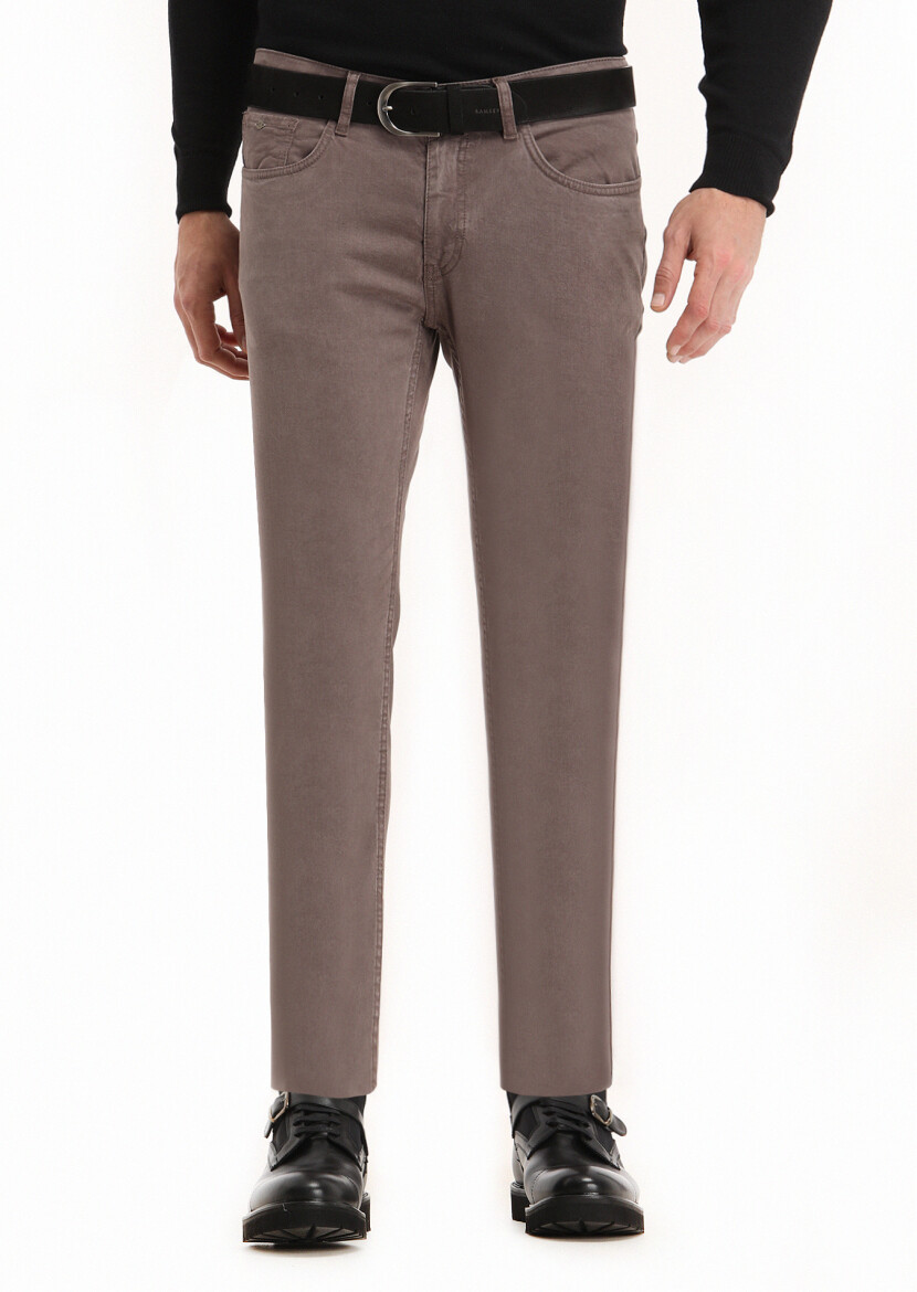 Light Brown Weaving Slim Fit Casual Cotton Blended Trousers - 1