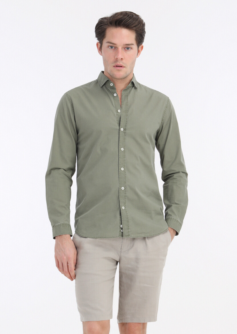 Light Green Plain Regular Fit Weaving Casual 100% Cotton Shirt 