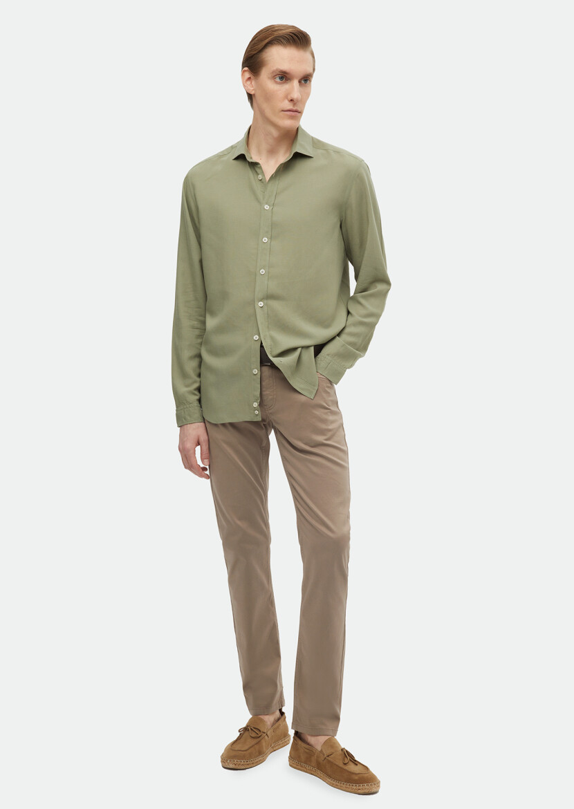 Light Green Plain Regular Fit Weaving Casual Linen Blended Shirt 