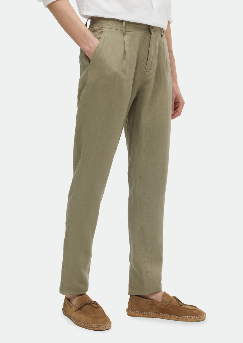Light Green Weaving Jogging Fit Casual 100% Linen Trousers 