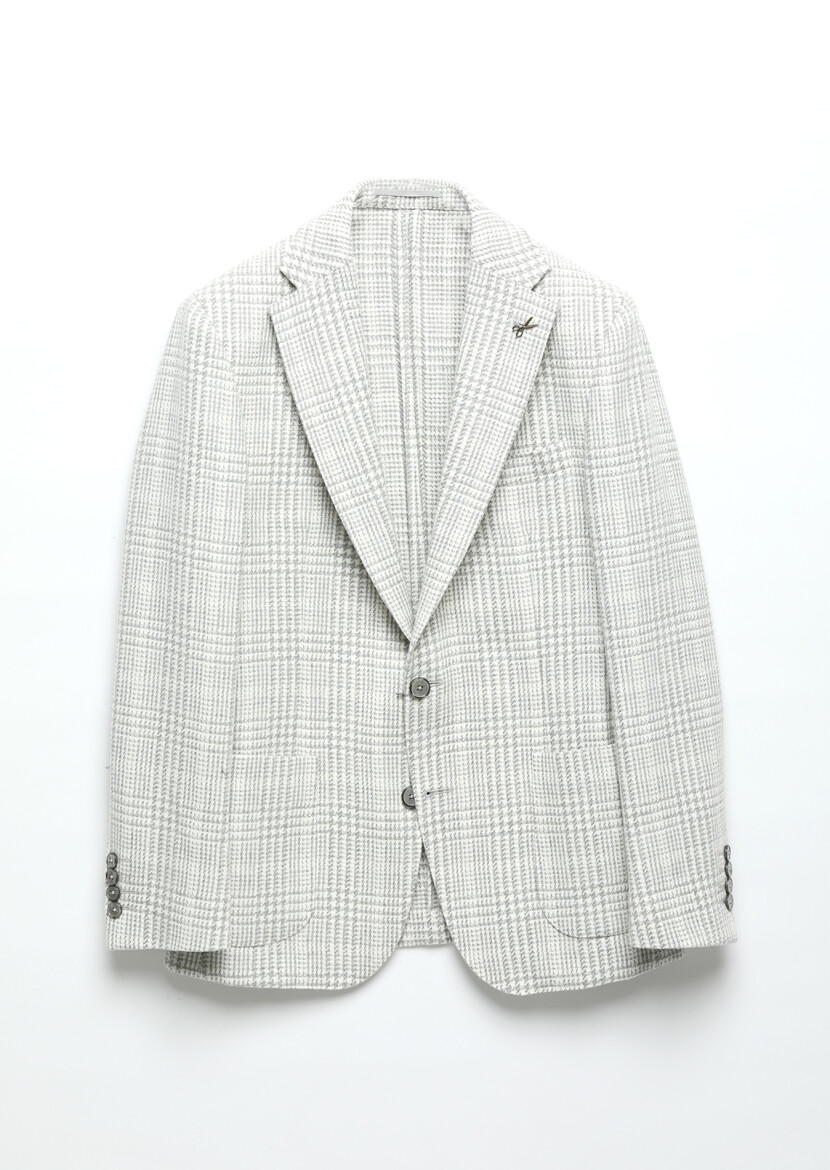Light Grey Checkered Shirt Shoulder Slim Fit Wool Blended Jacket - 7