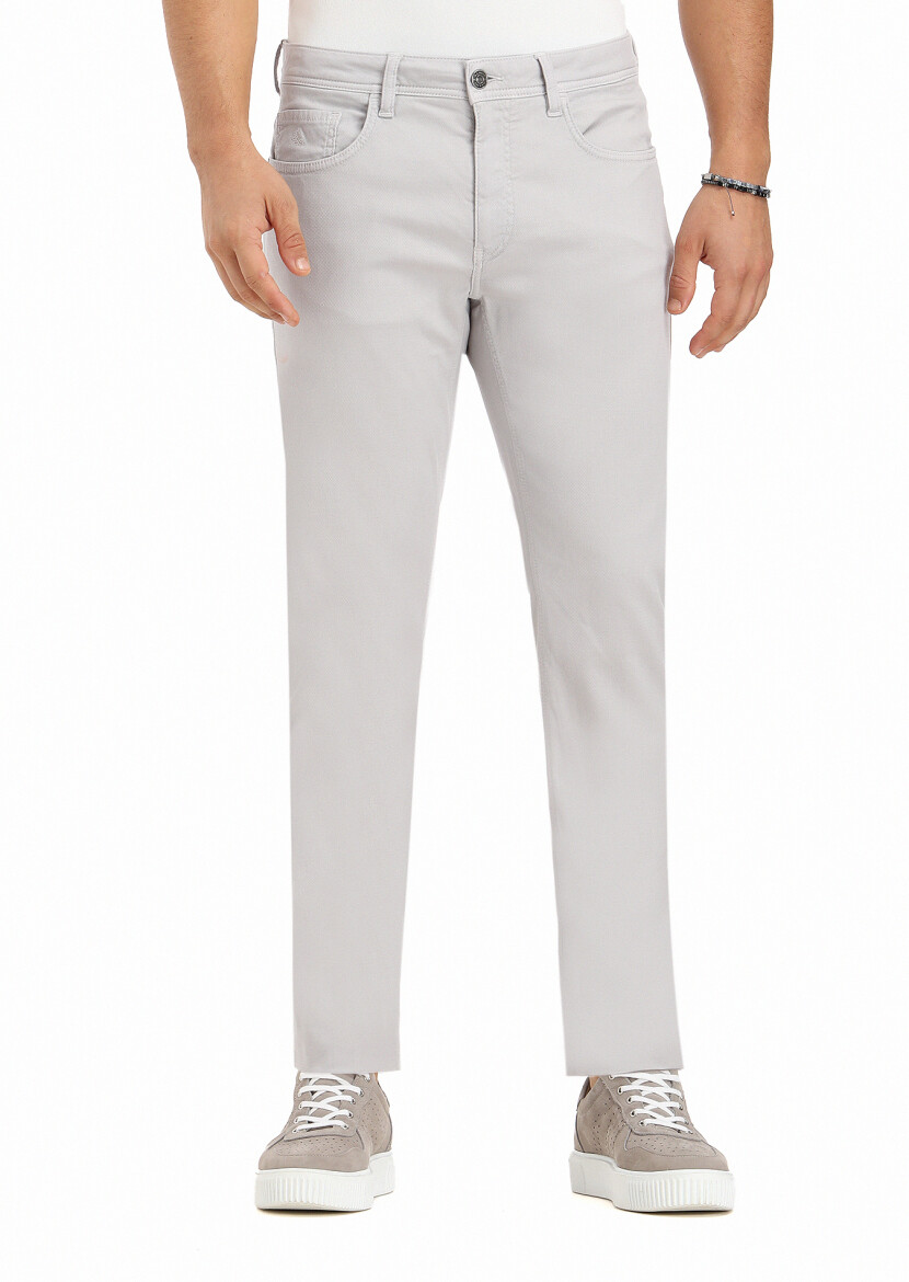Light Grey Weaving Slim Fit Casual Cotton Blended Trousers 