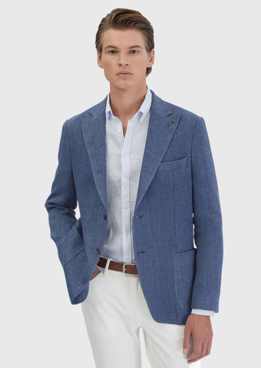 Light Indigo Plain Shirt Shoulder Slim Fit Linen Blended Jacket - 1